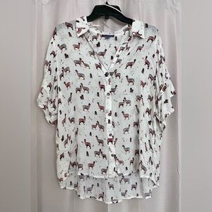 Democracy Llama Print Puff Sleeve Button Front Blouse Size L Boho